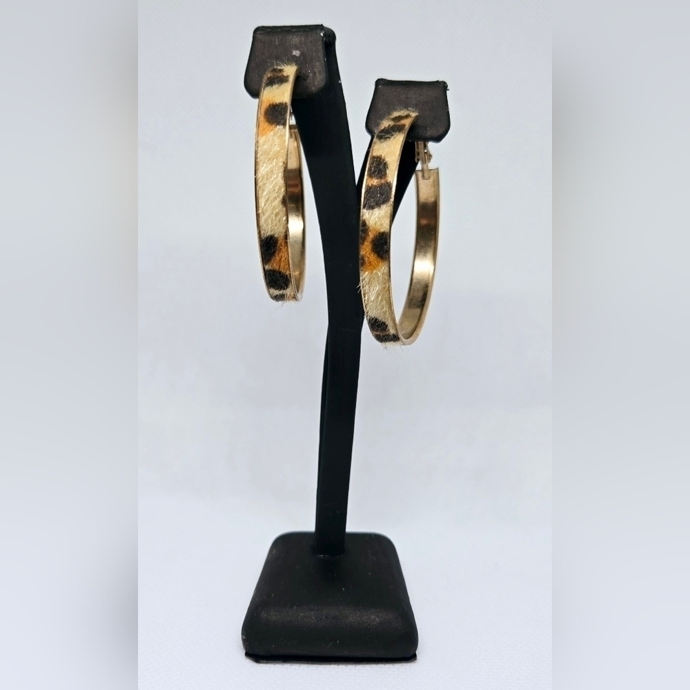 Leopard Print Hoop Earrings Faux Fur Gold Tone Statement Hoops